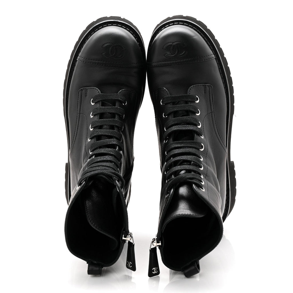 CALFSKIN CAP TOE LACE UP COMBAT BOOTS BLACK