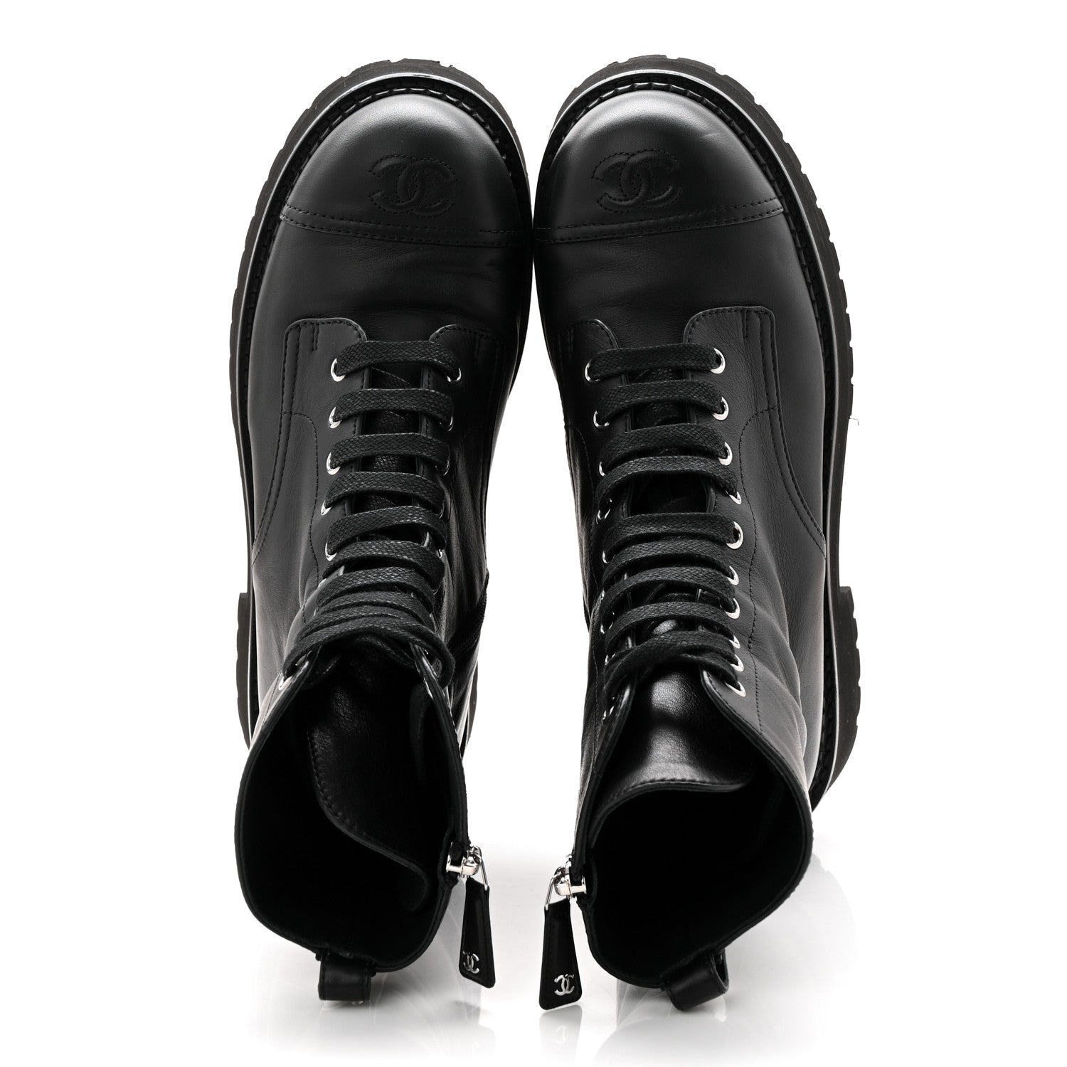 CALFSKIN CAP TOE LACE UP COMBAT BOOTS BLACK