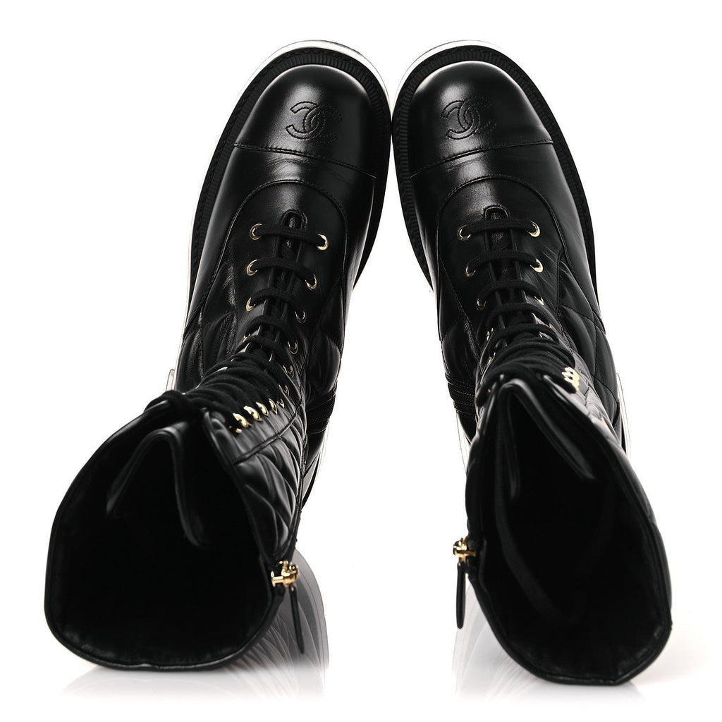 CALFSKIN QUILTED LOGO LACE UP TALL COMBAT BOOTS BLACK