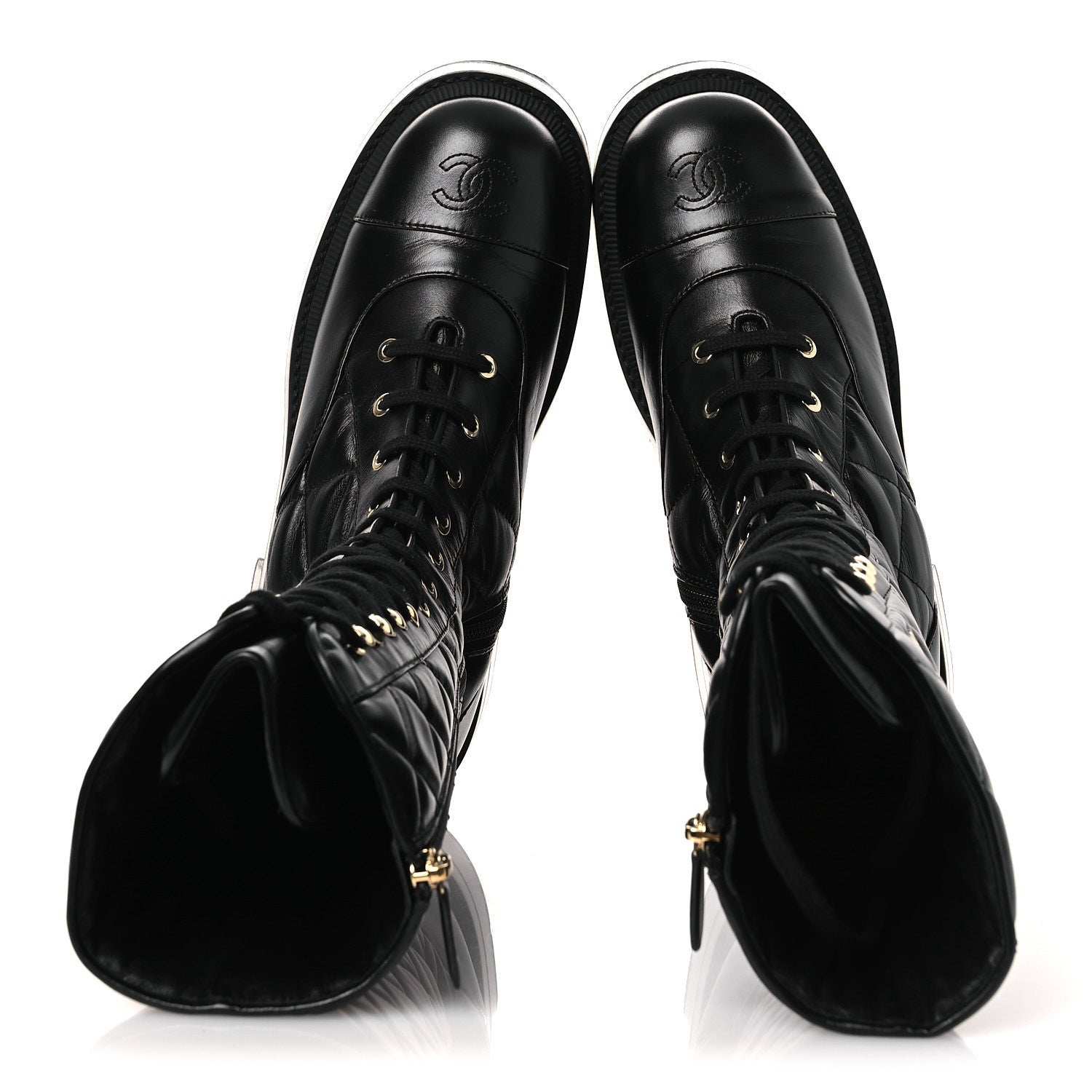 CALFSKIN QUILTED LOGO LACE UP TALL COMBAT BOOTS BLACK
