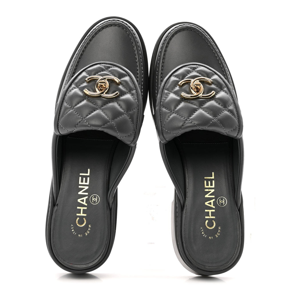 LAMBSKIN QUILTED CC TURNLOCK MULES GREY