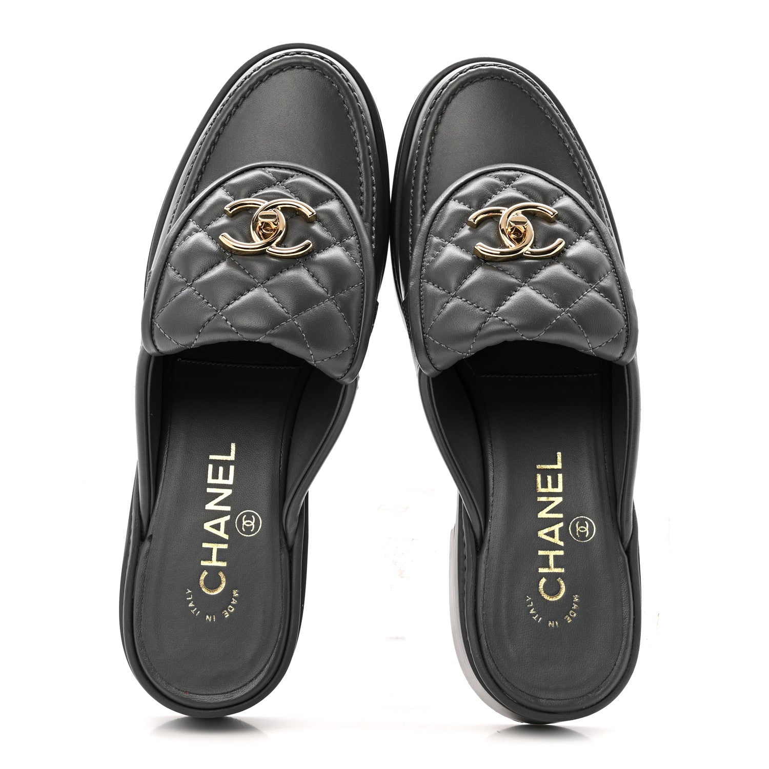 LAMBSKIN QUILTED CC TURNLOCK MULES GREY