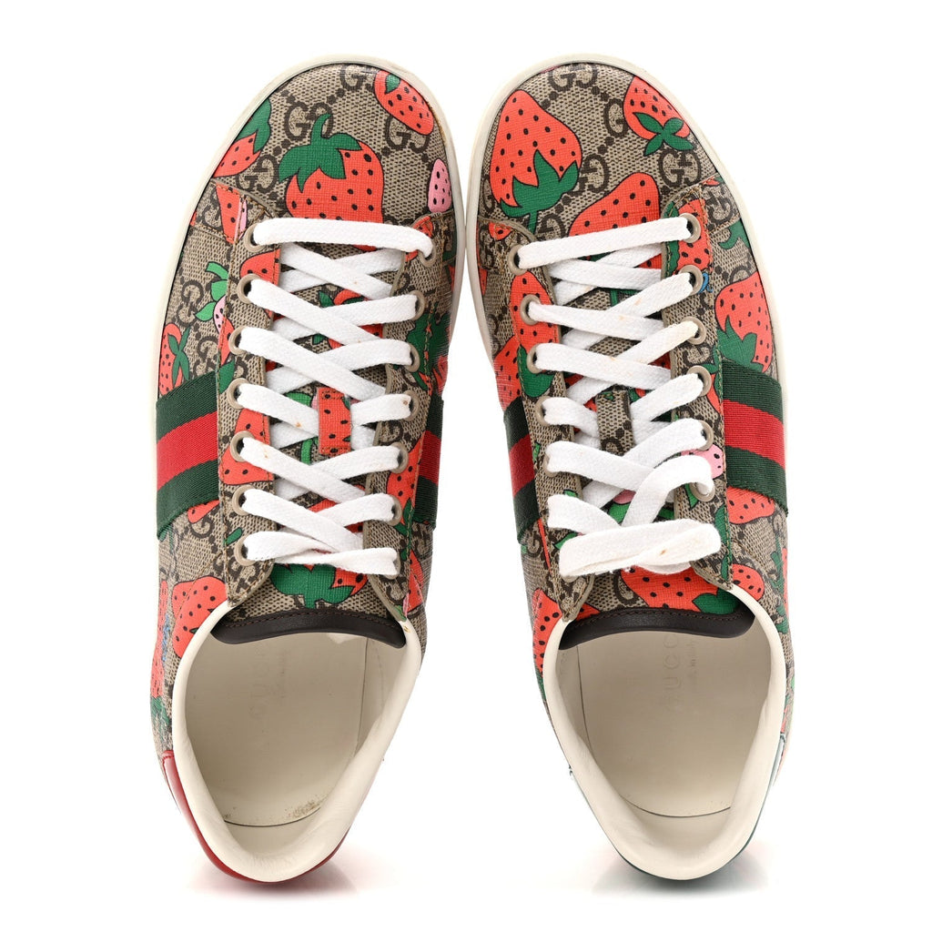 GG SUPREME MONOGRAM STRAWBERRY WEB WOMENS ACE SNEAKERS BEIGE MULTICOLOR RED GREEN