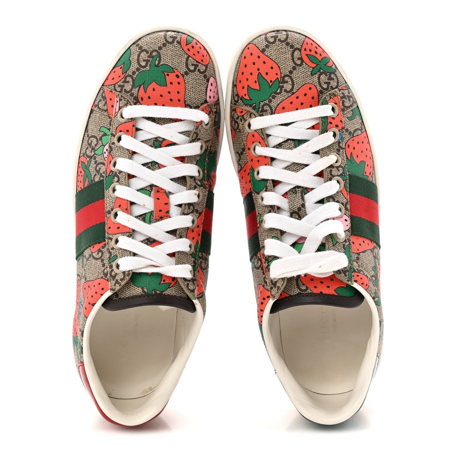 GG SUPREME MONOGRAM STRAWBERRY WEB WOMENS ACE SNEAKERS BEIGE MULTICOLOR RED GREEN