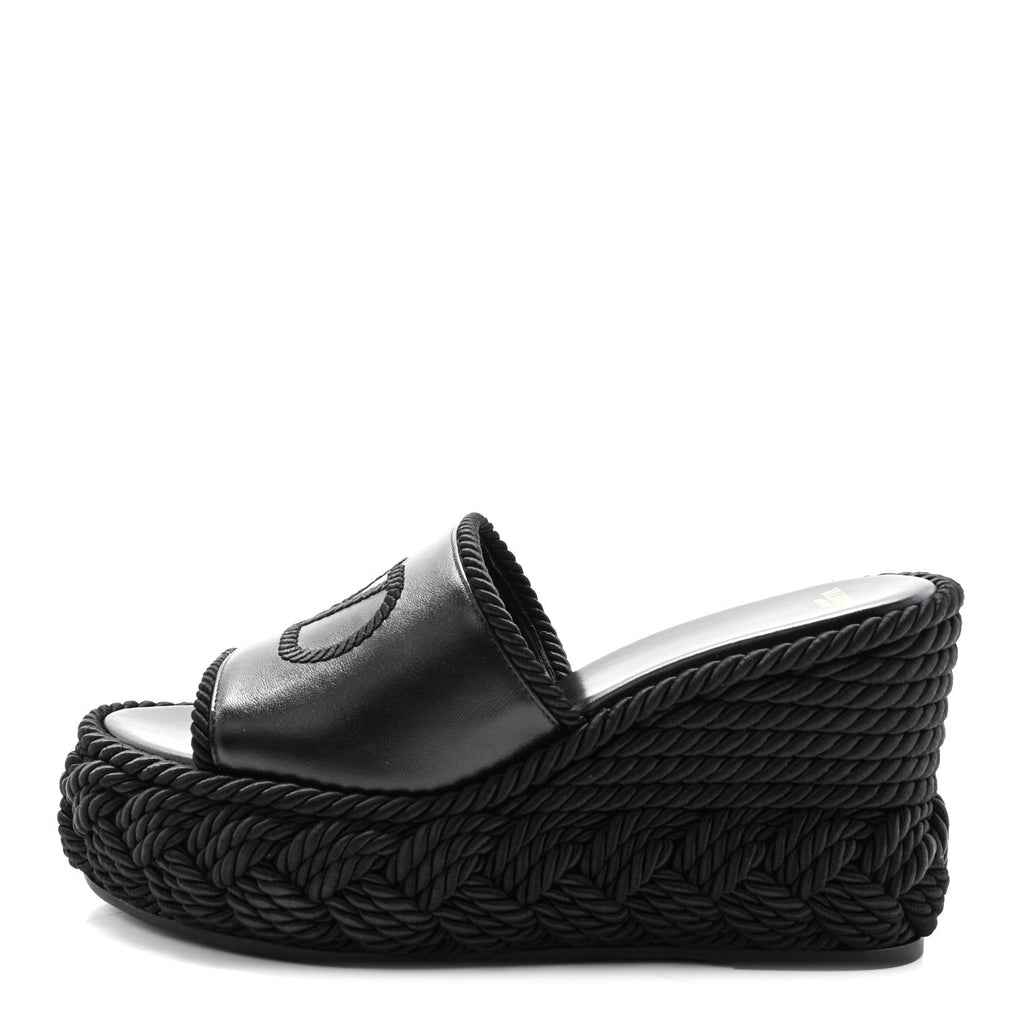 CALFSKIN SILK TORCHON VLOGO PLATFORM ESPADRILLE 100 WEDGE SANDALS BLACK