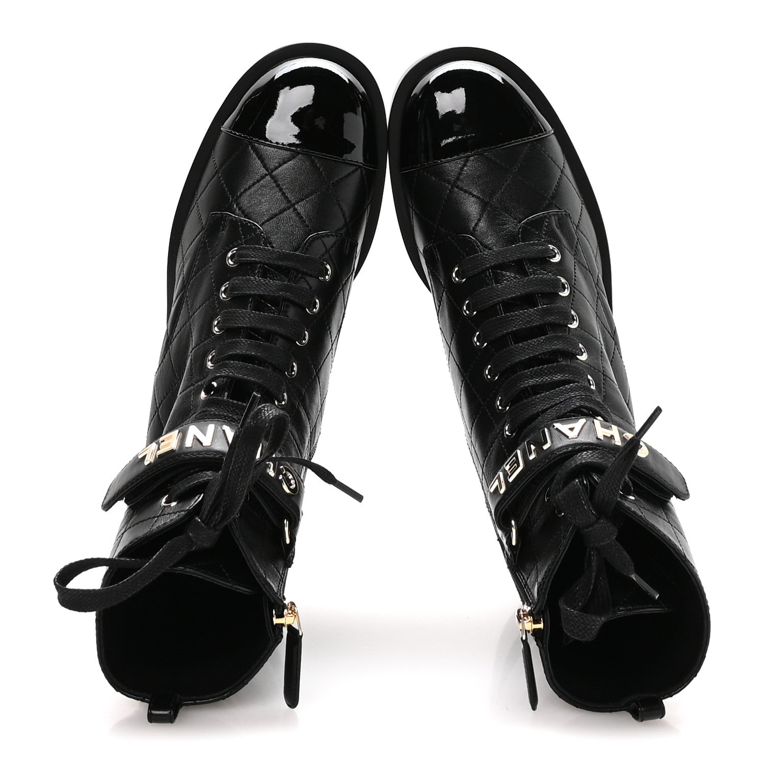 LAMBSKIN PATENT CALFSKIN QUILTED LOGO LACE UP COMBAT BOOTS BLACK