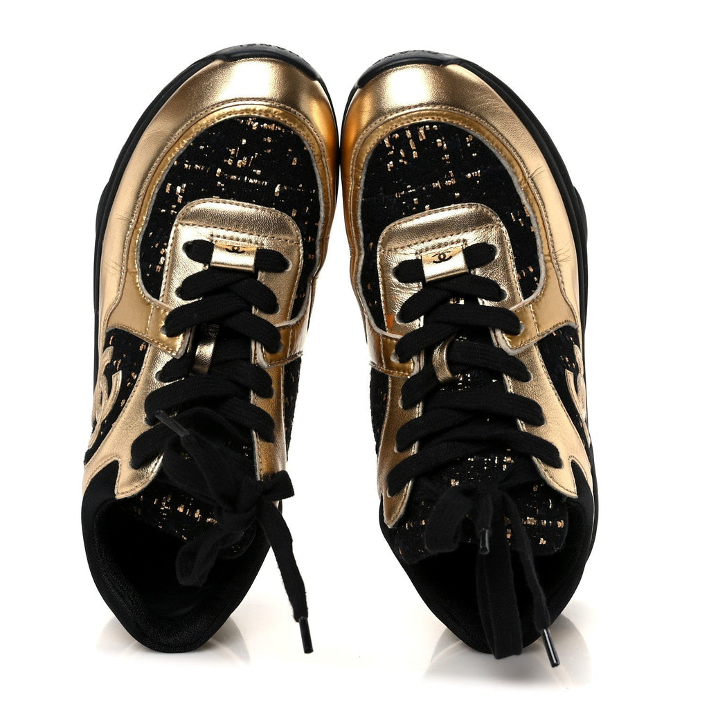 SATIN LAMBSKIN FABRIC TWEED CC SNEAKERS GOLD BLACK