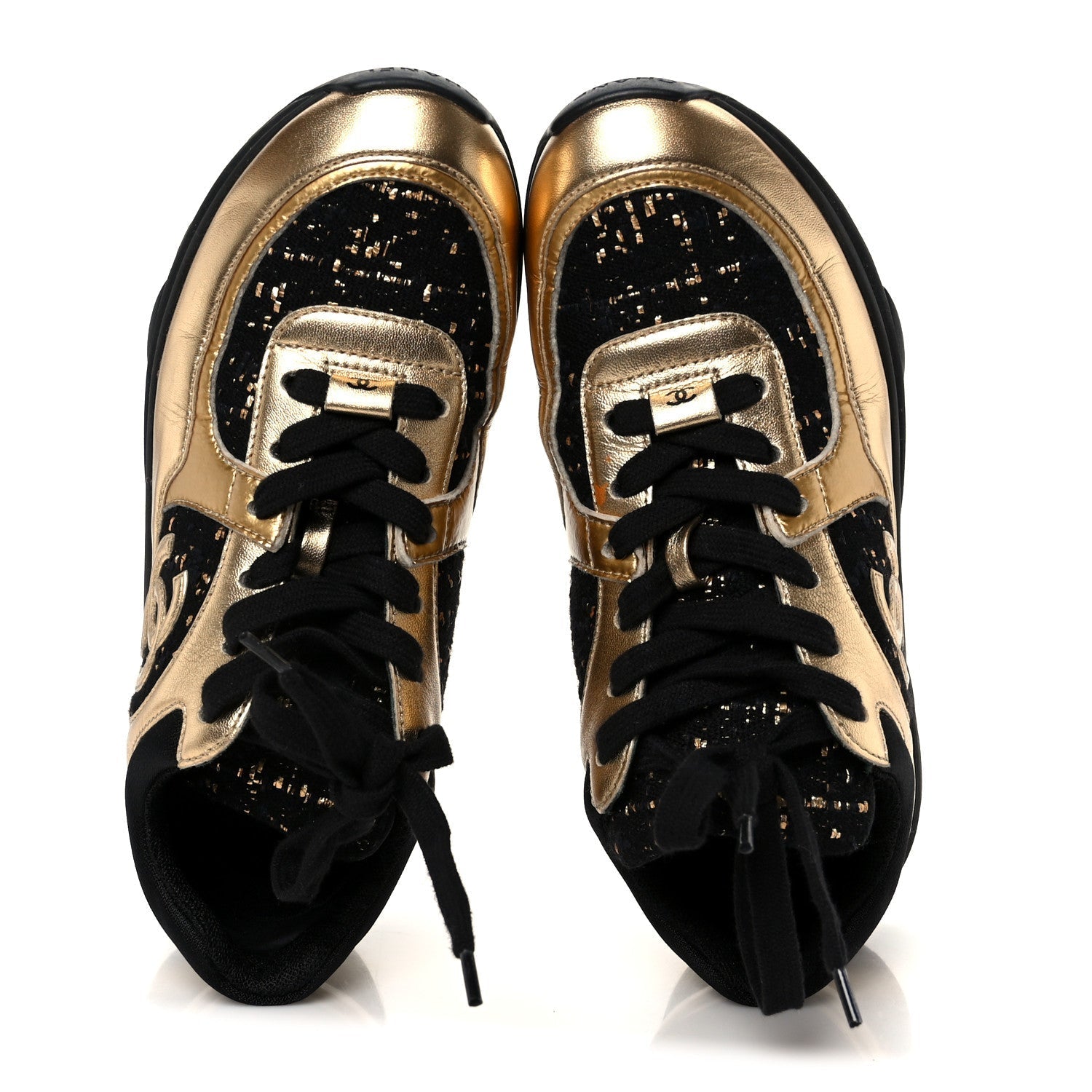 SATIN LAMBSKIN FABRIC TWEED CC SNEAKERS GOLD BLACK