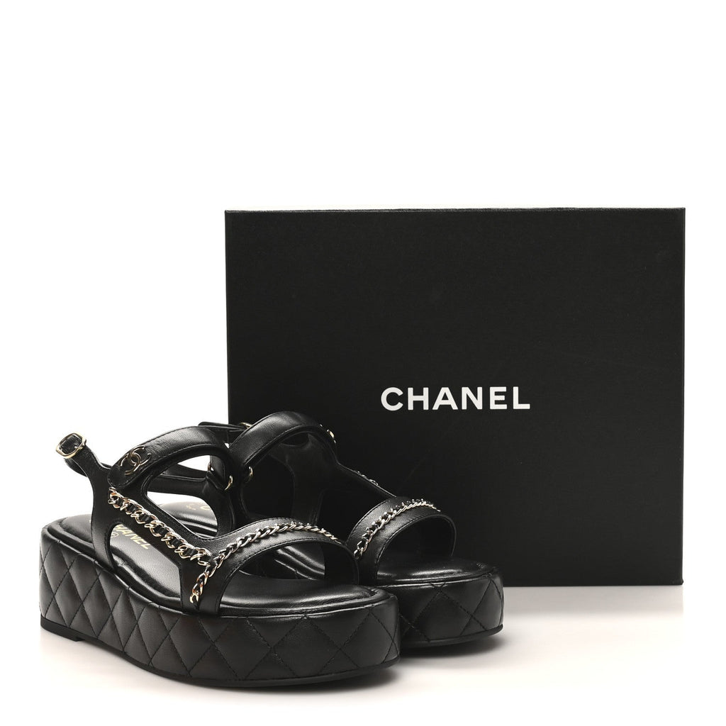 LAMBSKIN QUILTED CHAIN CC PLATFORM SANDALS BLACK