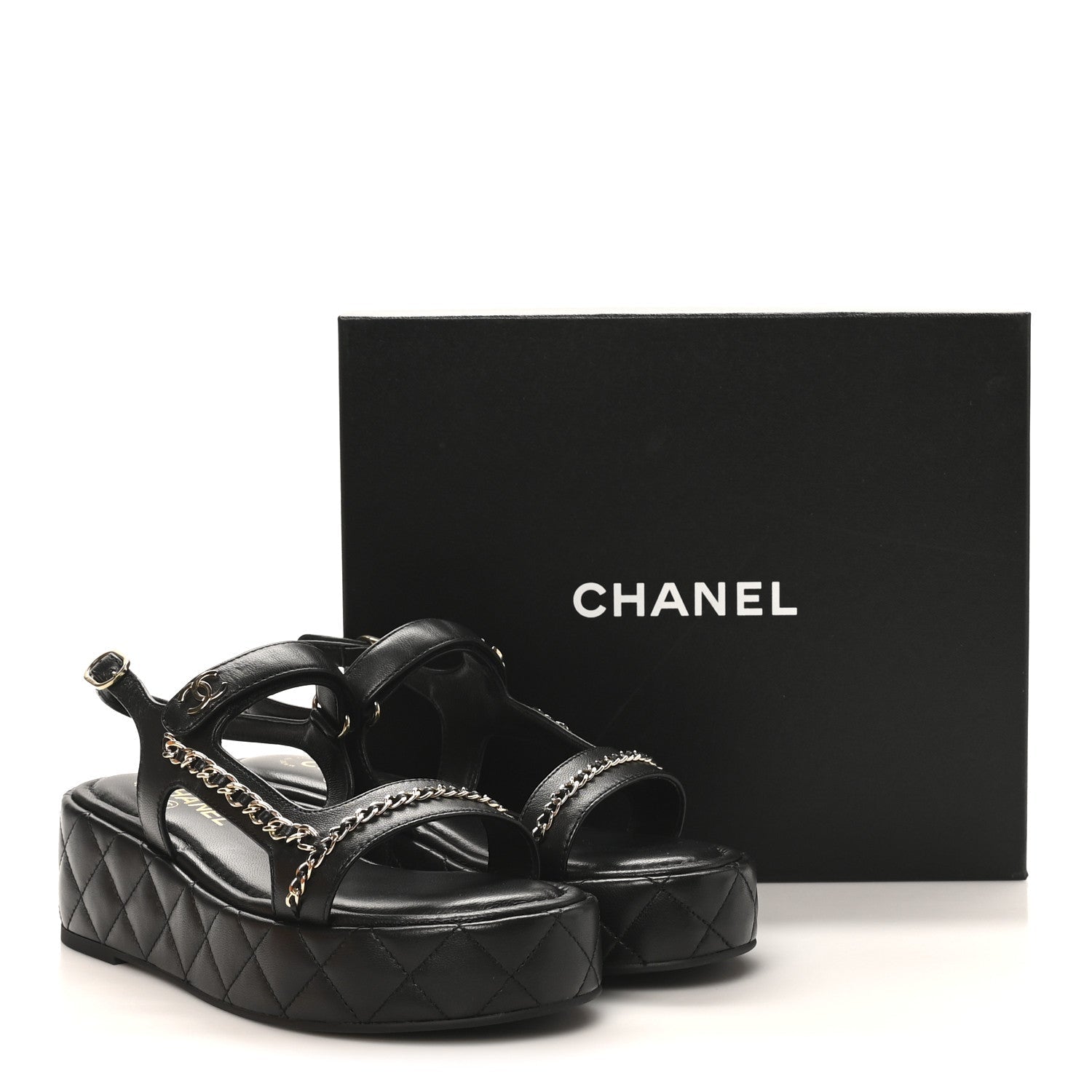 LAMBSKIN QUILTED CHAIN CC PLATFORM SANDALS BLACK
