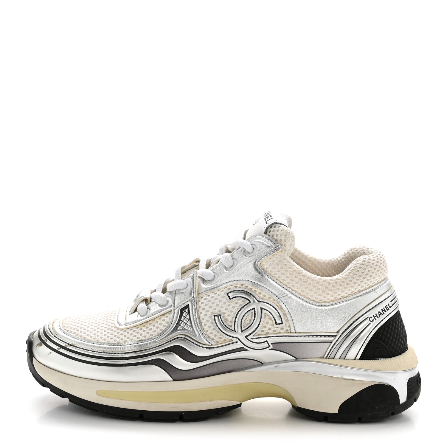 FABRIC LAMINATED CALFSKIN STRETCH CC SNEAKERS WHITE SILVER