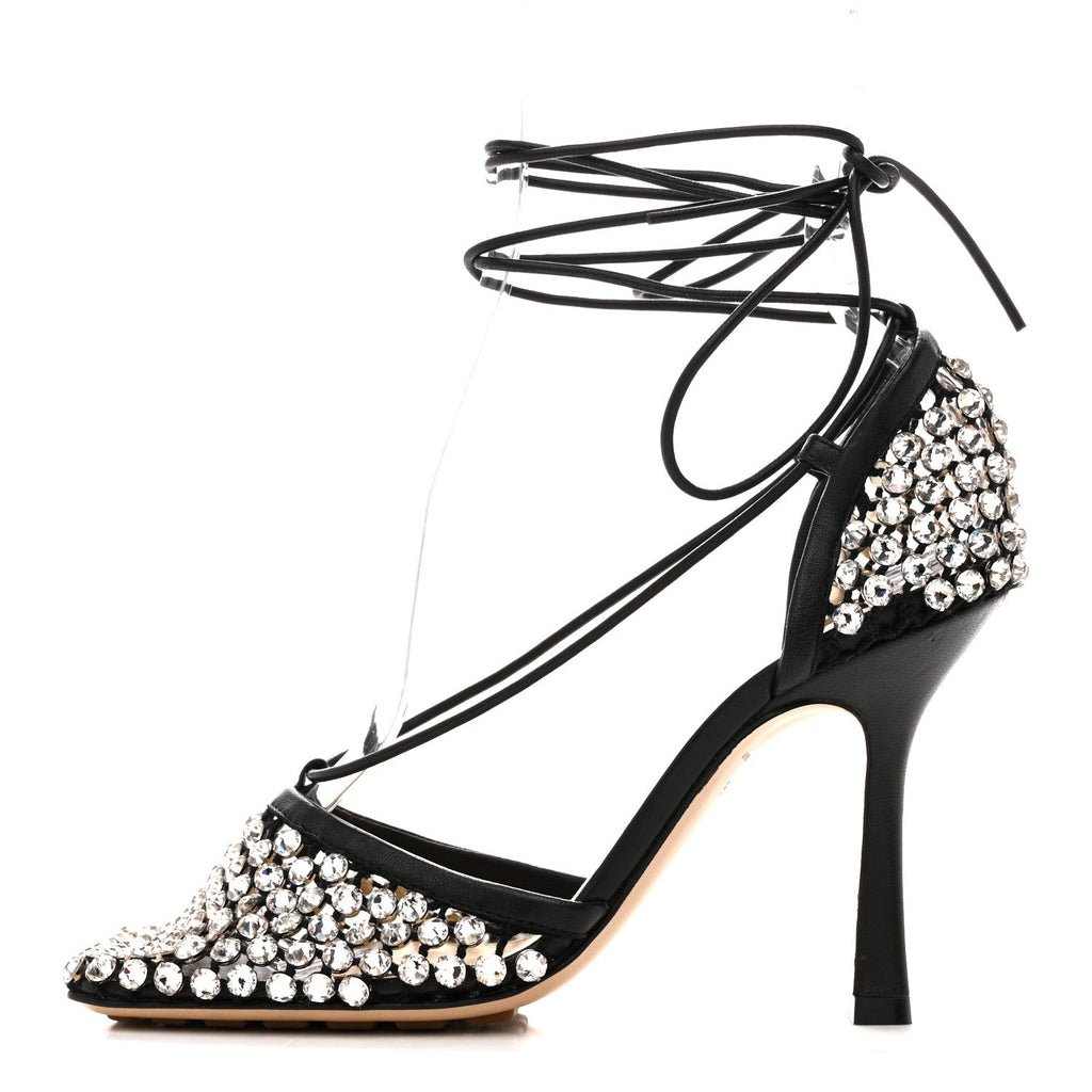 MESH NAPPA CRYSTAL EMBELLISHED SPARKLE STRETCH ANKLE TIE SANDALS BLACK