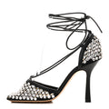MESH NAPPA CRYSTAL EMBELLISHED SPARKLE STRETCH ANKLE TIE SANDALS BLACK