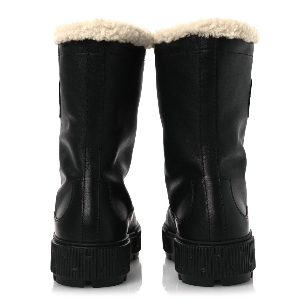 CALFSKIN SHEARLING WOMENS JOURNEY ANKLE BOOTS BLACK ECRU