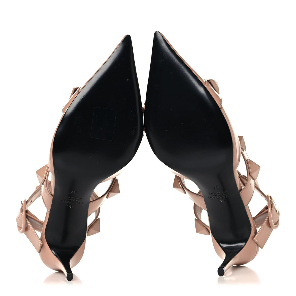PATENT ENAMEL MONOCHROME ROMAN STUD ANKLE STRAP 80MM PUMPS ROSE CANNELLE