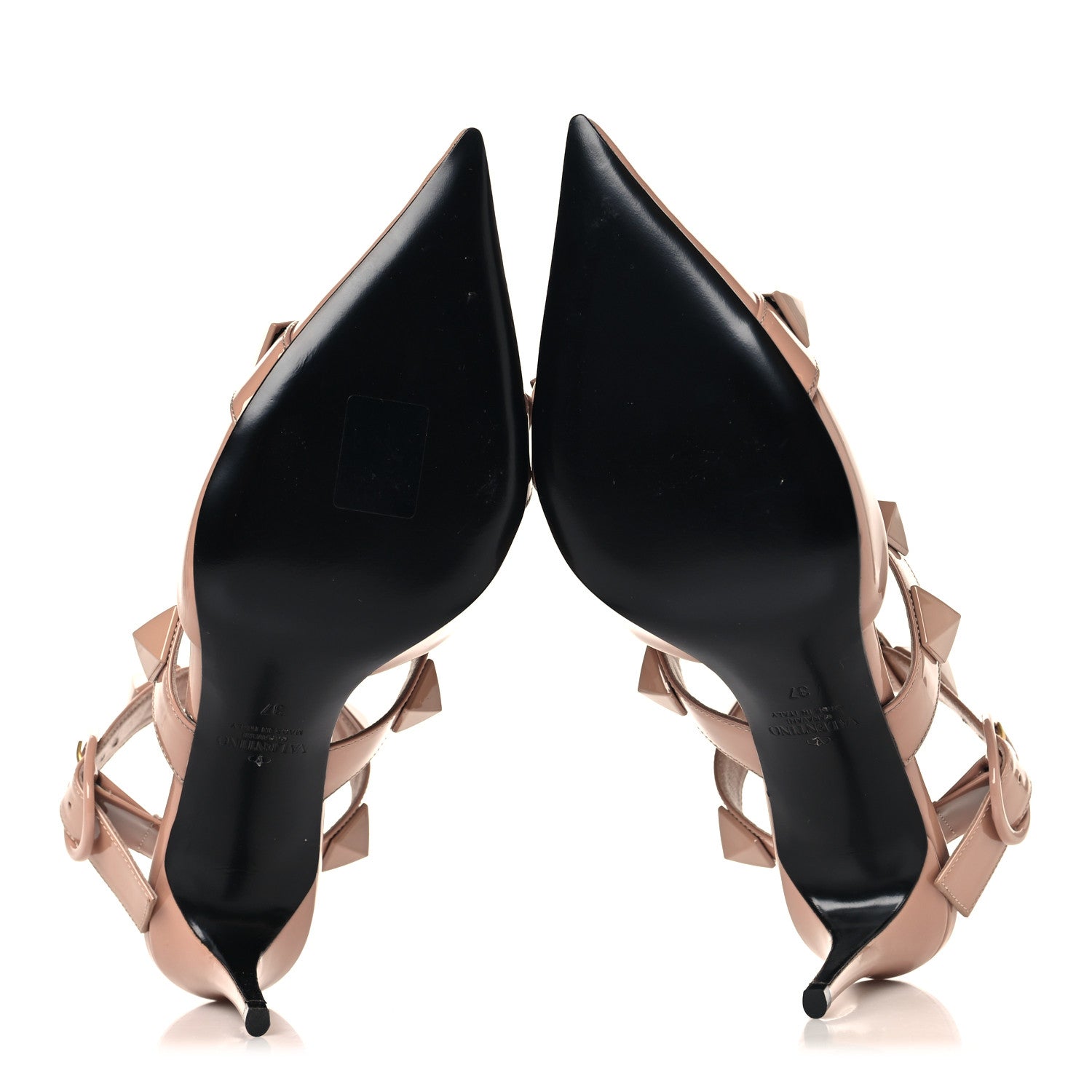 PATENT ENAMEL MONOCHROME ROMAN STUD ANKLE STRAP 80MM PUMPS ROSE CANNELLE