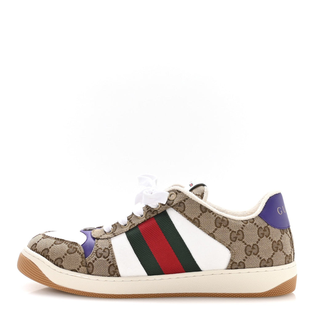 GG SUPEREME MONOGRAM CALFSKIN WEB MENS SCREENER SNEAKERS BEIGE EBONY WHITE SHINE PURPLE