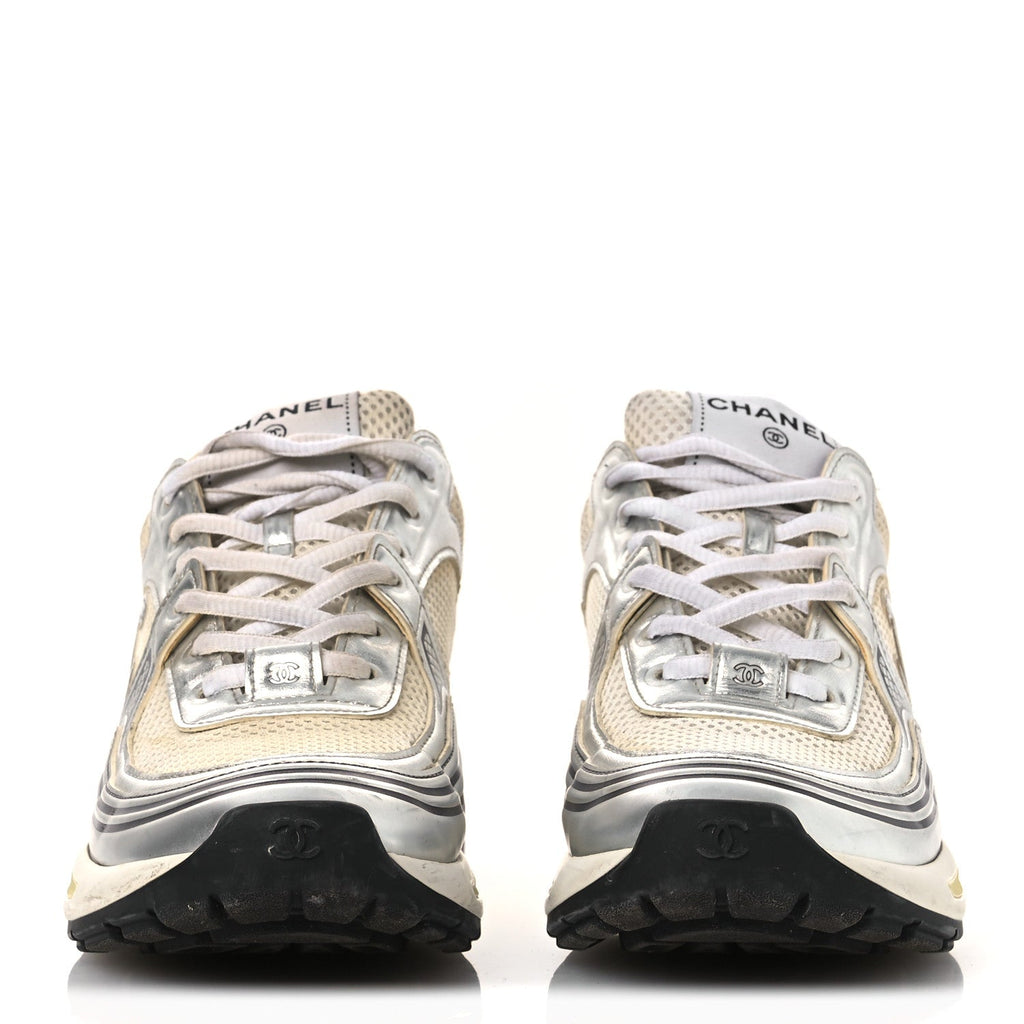 FABRIC LAMINATED CALFSKIN STRETCH CC WOMENS SNEAKERS WHITE GOLD SILVER