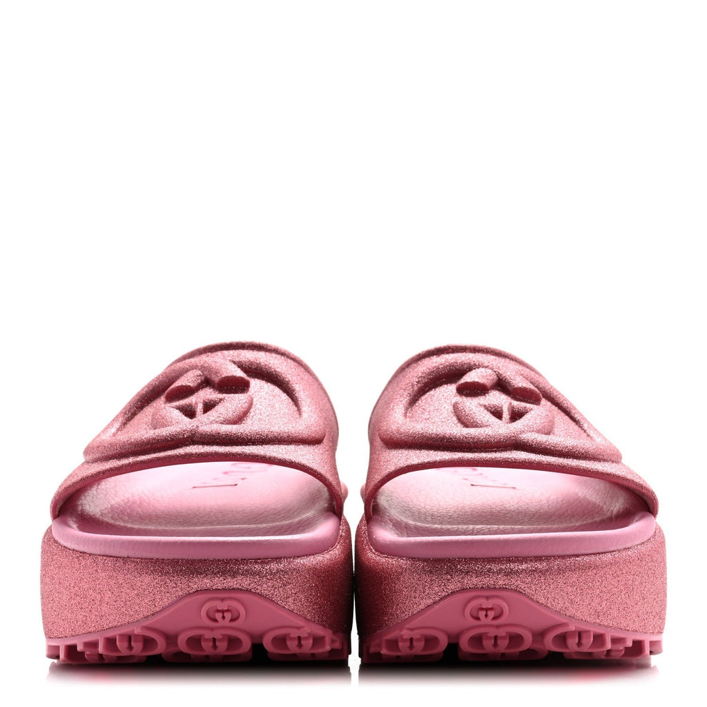 GLITTER RUBBER WOMENS INTERLOCKING G PLATFORM 42MM SLIDE SANDALS ROSE