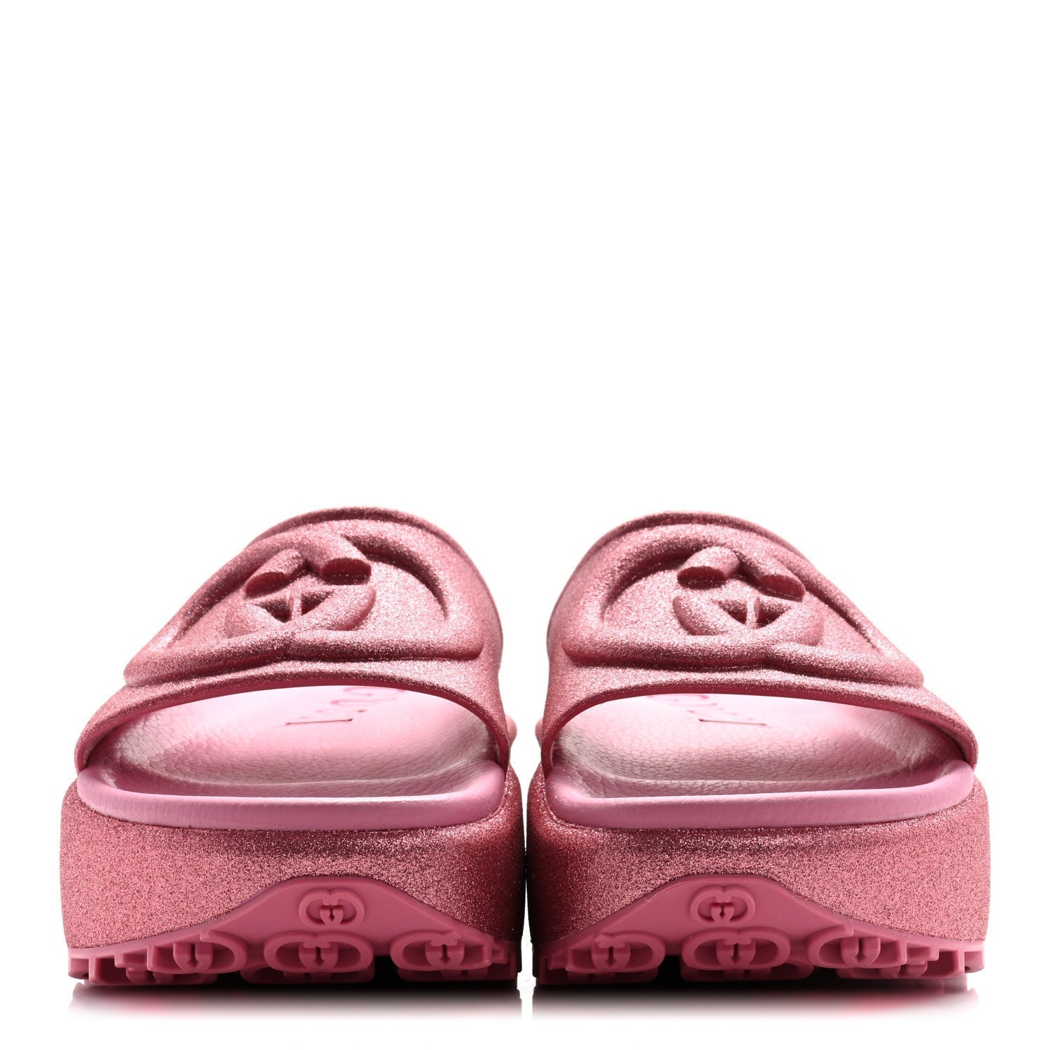 GLITTER RUBBER WOMENS INTERLOCKING G PLATFORM 42MM SLIDE SANDALS ROSE