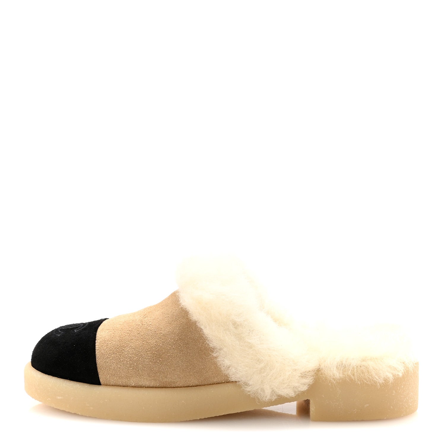 SUEDE SHEARLING CC CAP TOE MULES BEIGE BLACK
