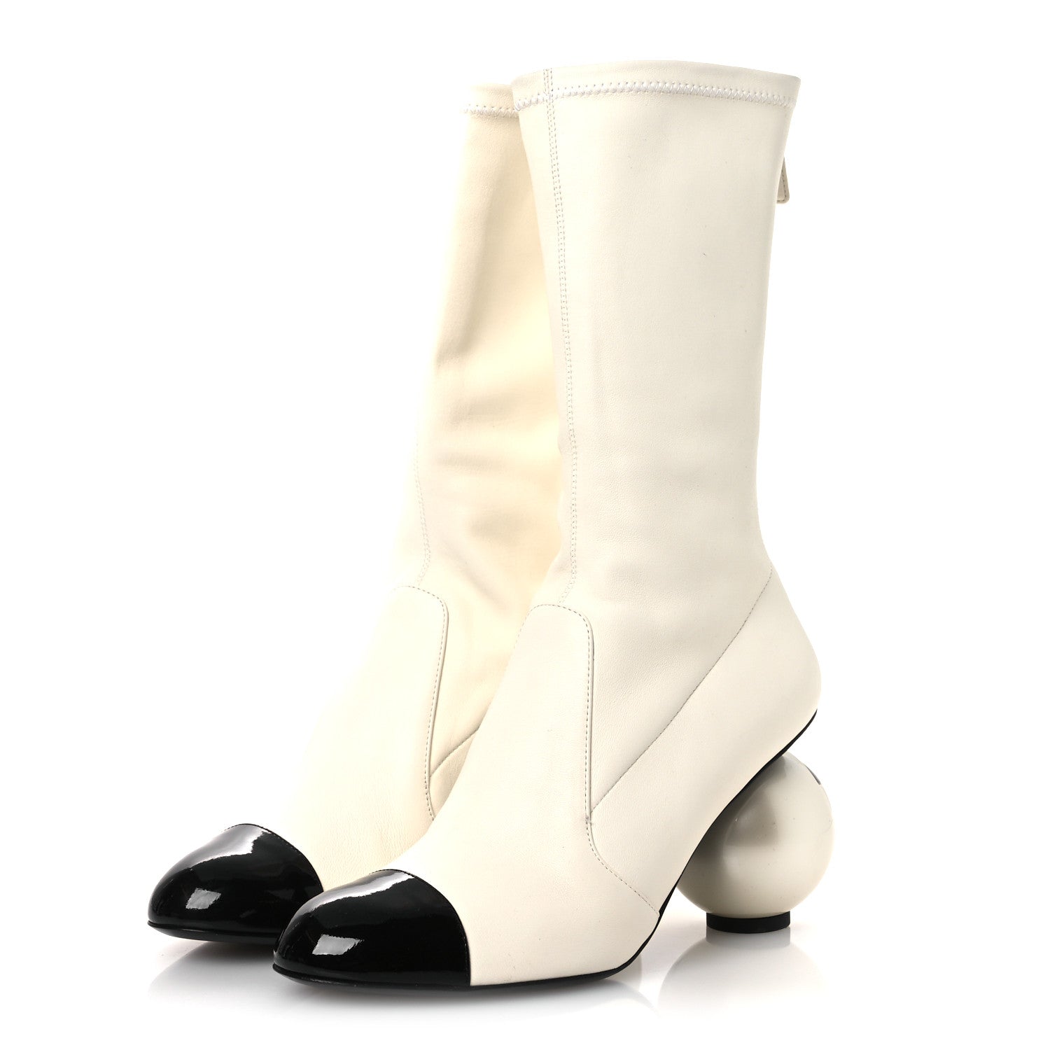 STRETCH LAMBSKIN PATENT CAP TOE PEARL BALL MID CALF BOOTS WHITE BLACK