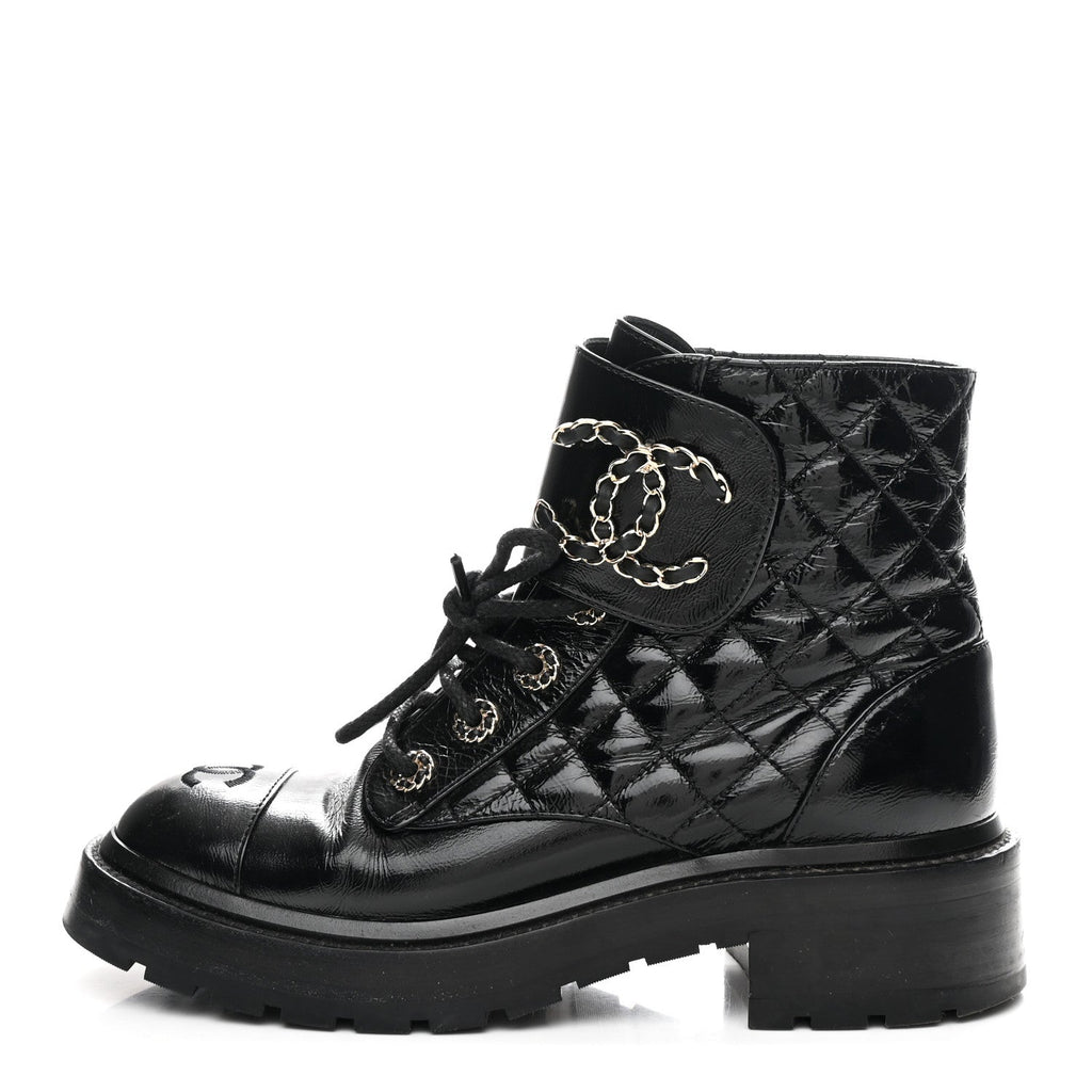 SHINY GOATSKIN CALFSKIN QUILTED LACE UP COMBAT BOOTS BLACK