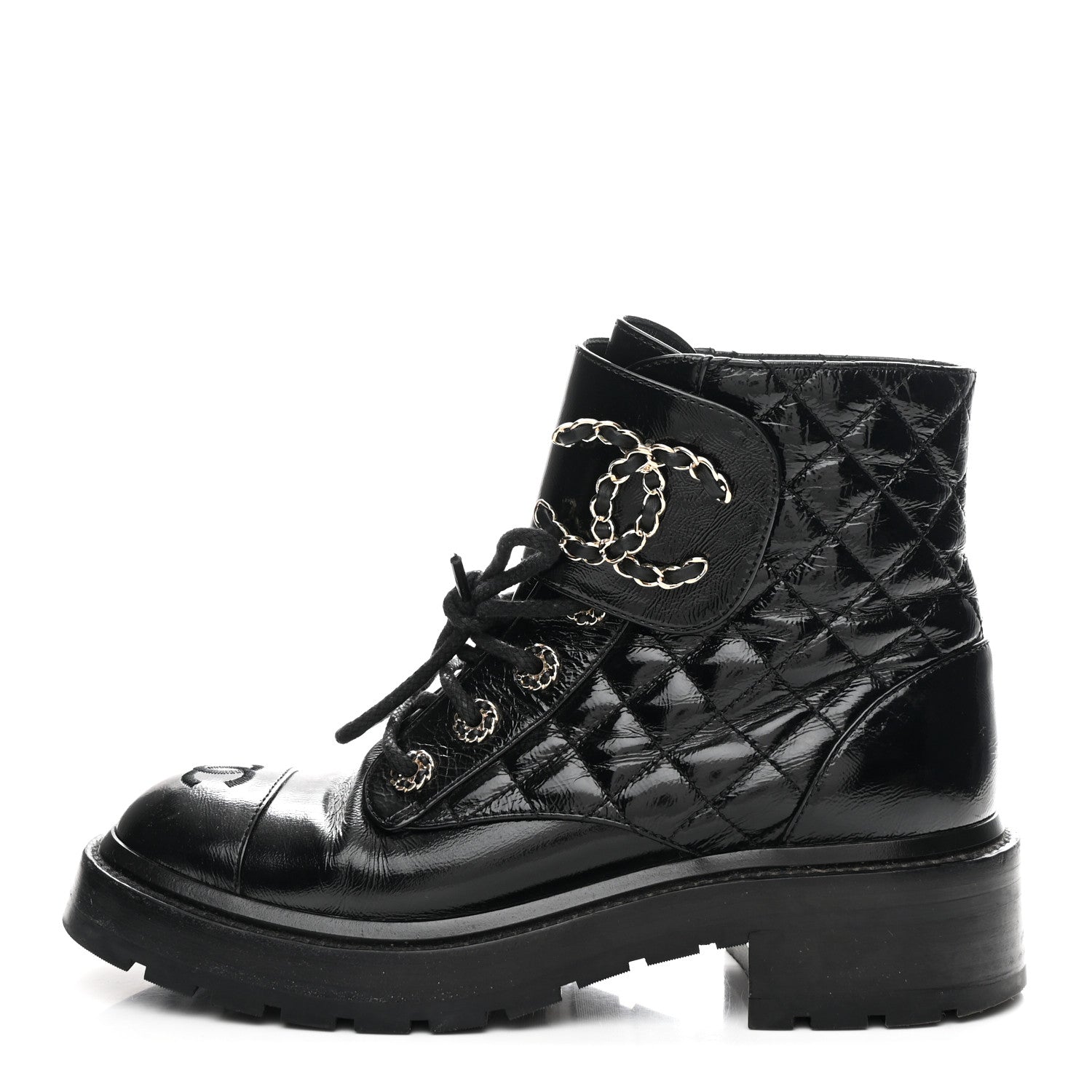SHINY GOATSKIN CALFSKIN QUILTED LACE UP COMBAT BOOTS BLACK