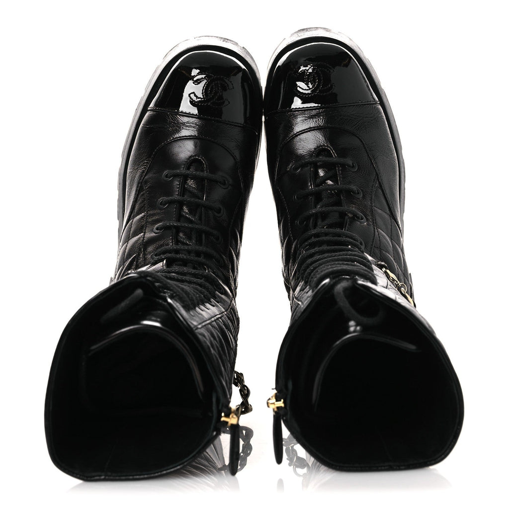 SHINY CALFSKIN PATENT QUILTED CHAIN LACE UP COMBAT LONG BOOTS BLACK