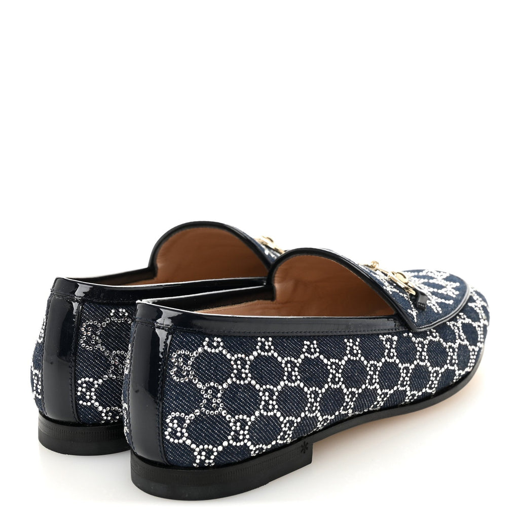 DENIM CRYSTAL GG MONOGRAM HORSEBIT WOMENS JORDAAN LOAFERS DEEP BLUE BLUE MILAD