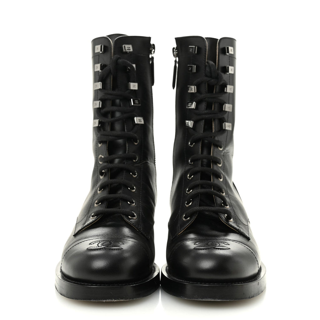 CALFSKIN LACE UP COMBAT BOOTS BLACK