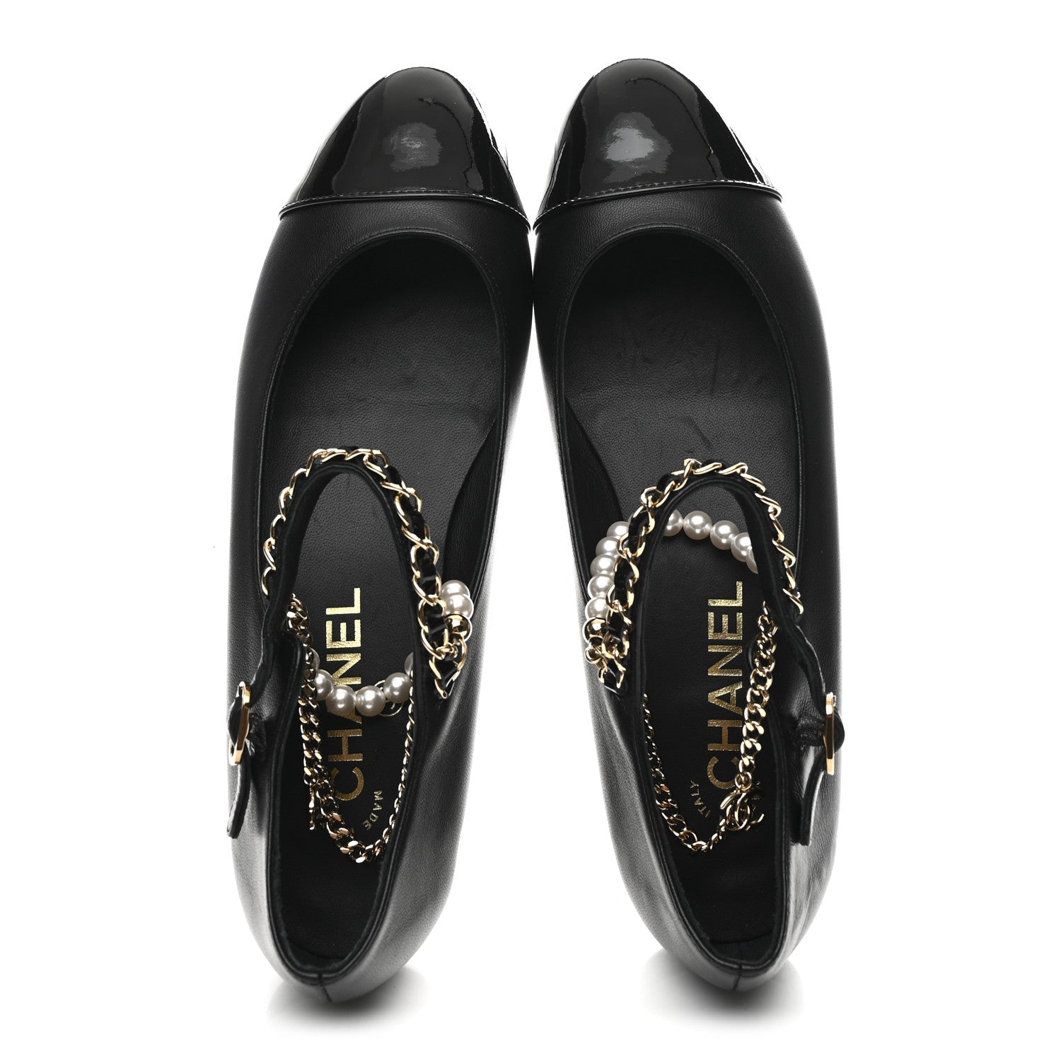 SHINY LAMBSKIN PEARL CAP TOE ANKLE CHAIN BALLERINA FLATS BLACK