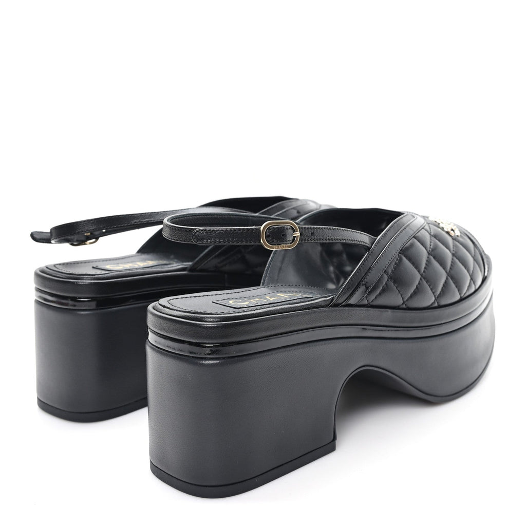 LAMBSKIN PATENT QUILTED CC PLATFORM SANDALS BLACK