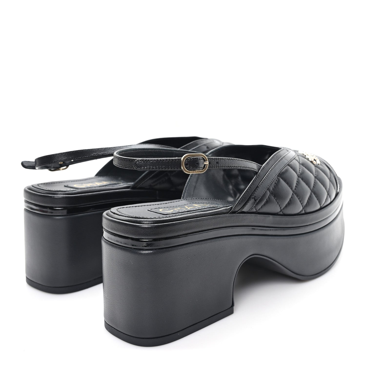 LAMBSKIN PATENT QUILTED CC PLATFORM SANDALS BLACK