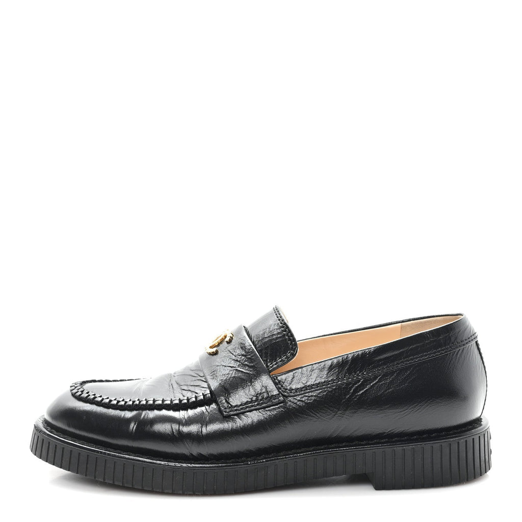SHINY CRUMPLED CALFSKIN CC MOCASSIN LOAFERS BLACK
