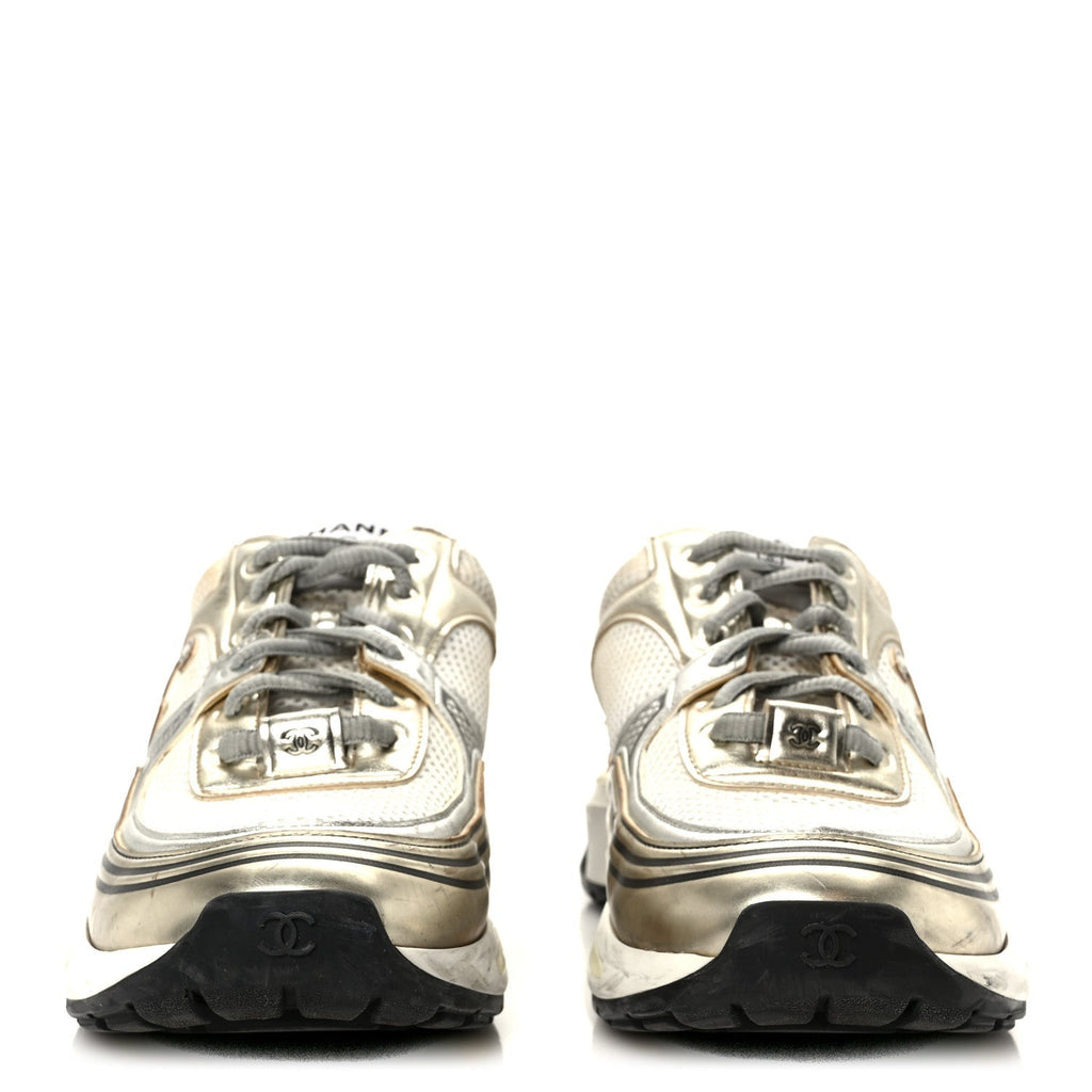 FABRIC LAMINATED CALFSKIN STRETCH CC SNEAKERS WHITE GOLD SILVER