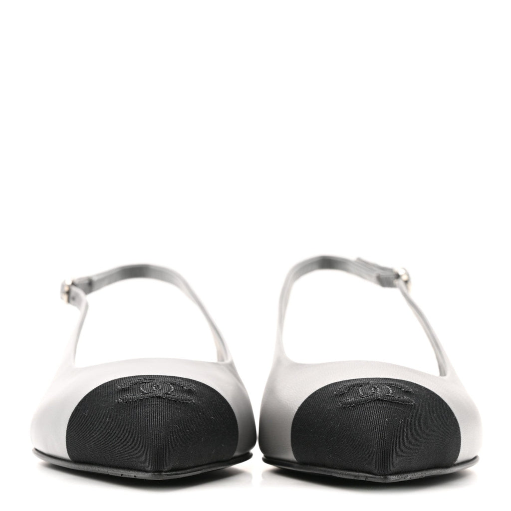 GOATSKIN GROSGRAIN POINTED TOE CC SLINGBACK FLATS GRAY BLACK