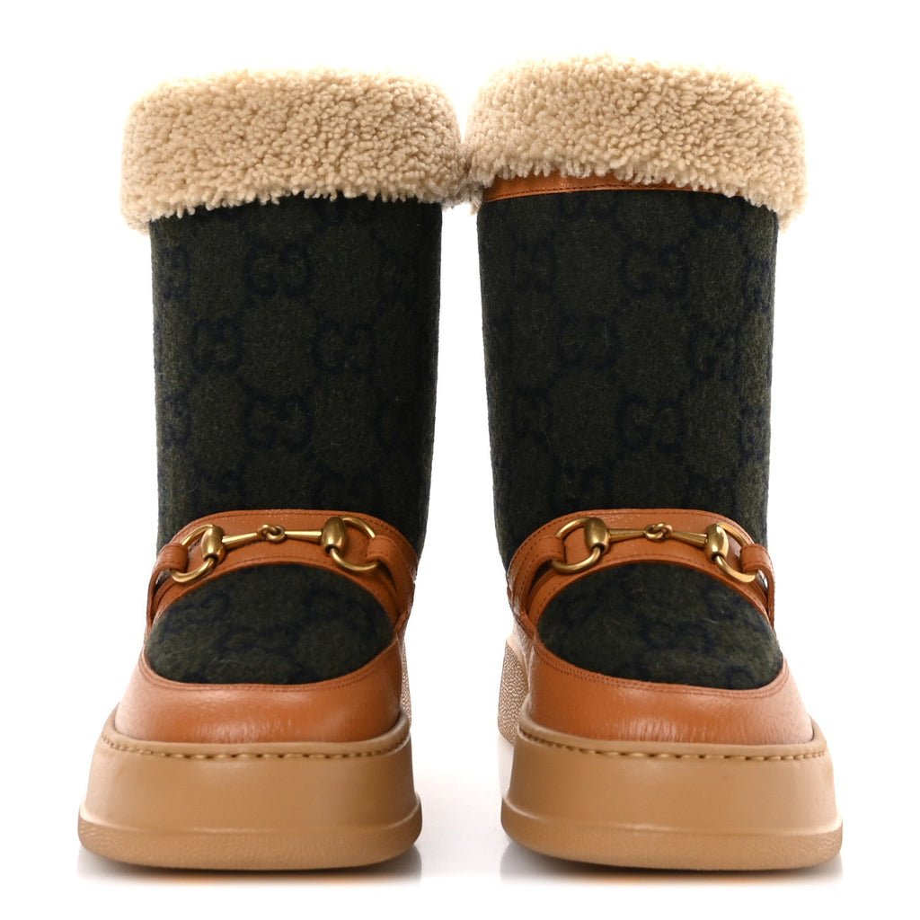 COVERED WOOL MONOGRAM TEXTURED DOLLAR CALFSKIN SHEARLING HORSEBIT SNOW BOOTS UNDERWOOD BLUE HAZEL BROWN