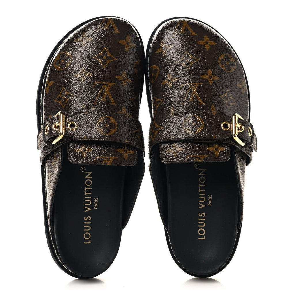 PATENT MONOGRAM WOMENS COSY FLAT COMFORT CLOG MULES BROWN