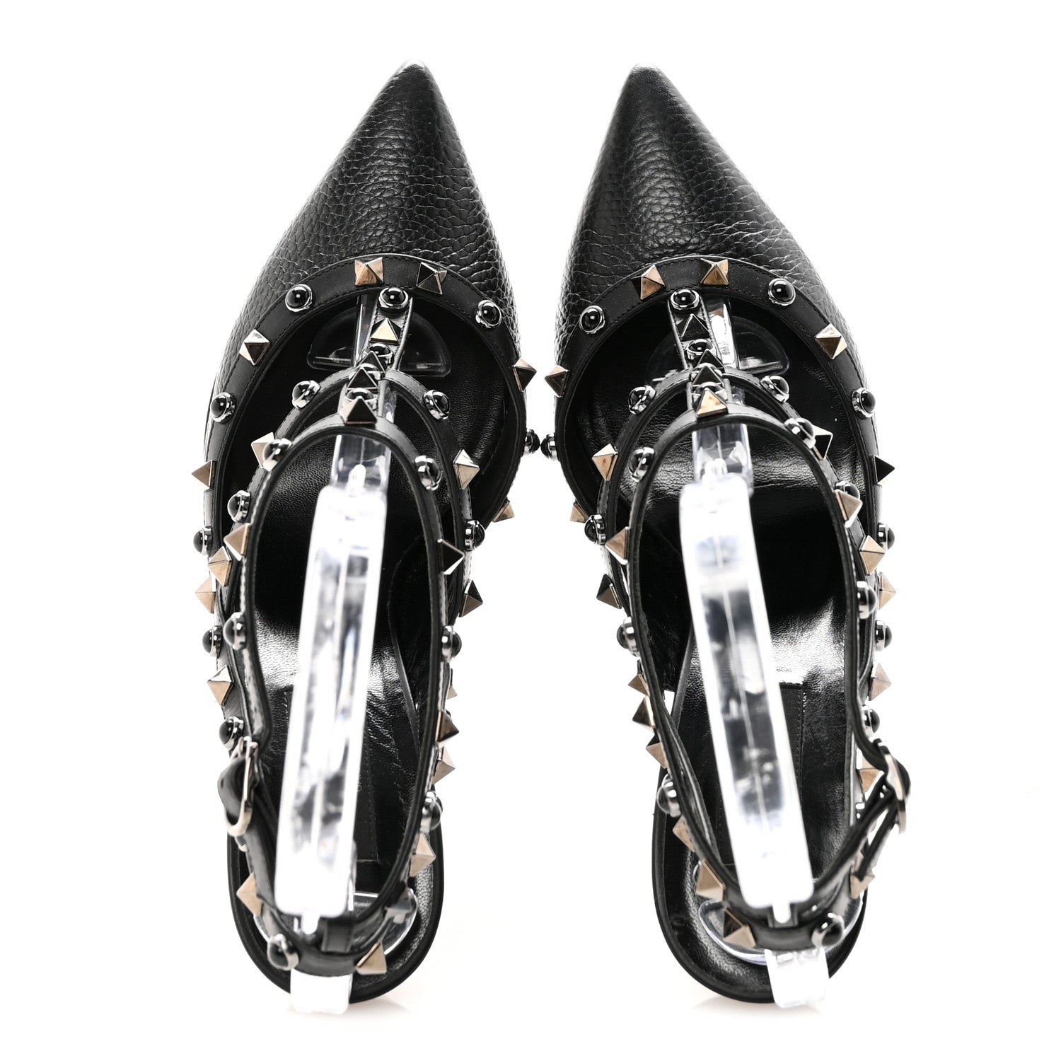 PEBBLED CALFSKIN ONYX ROCKSTUD ROLLING ANKLE STRAP 100MM PUMPS BLACK