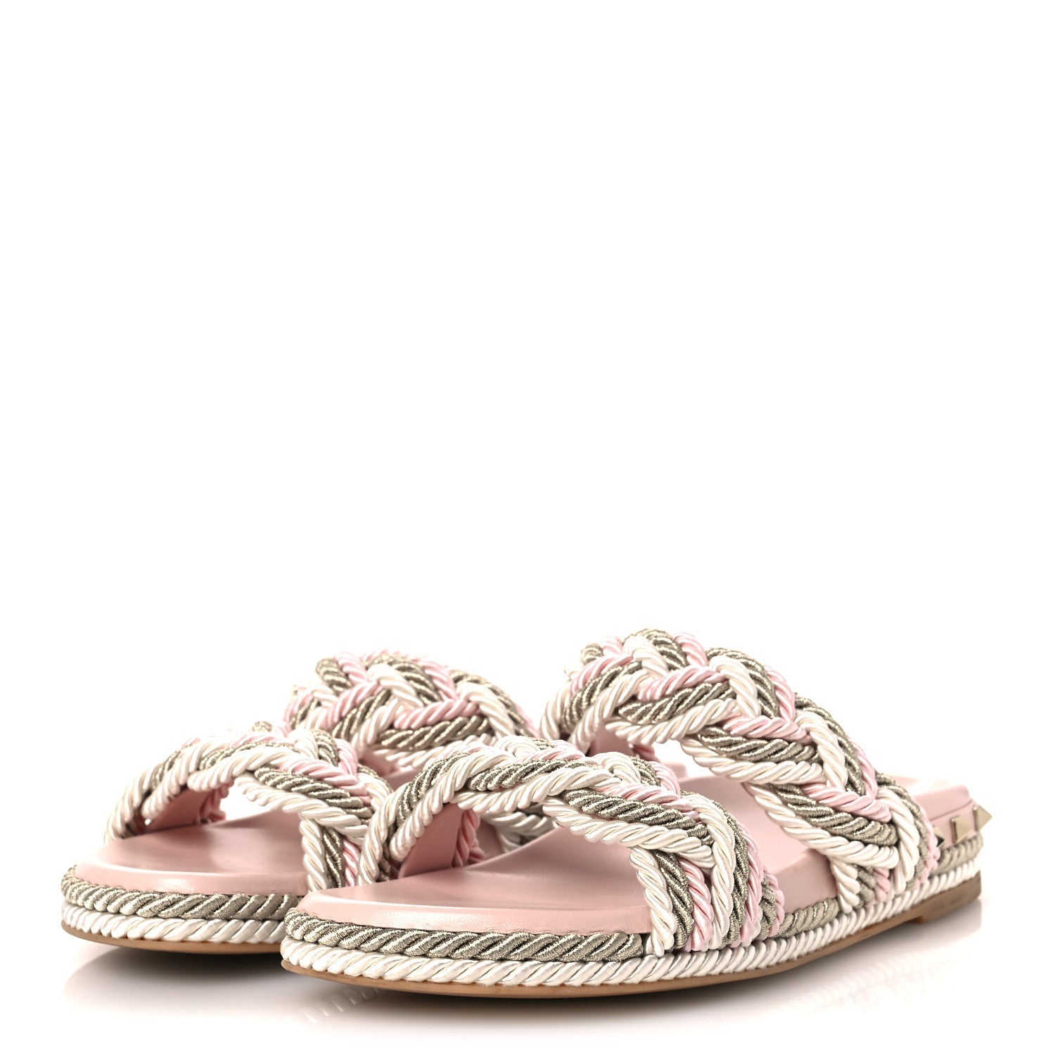 SILK CORD CALFSKIN ROCKSTUD ROPE ESPADRILLE WEDGE SANDALS PINK