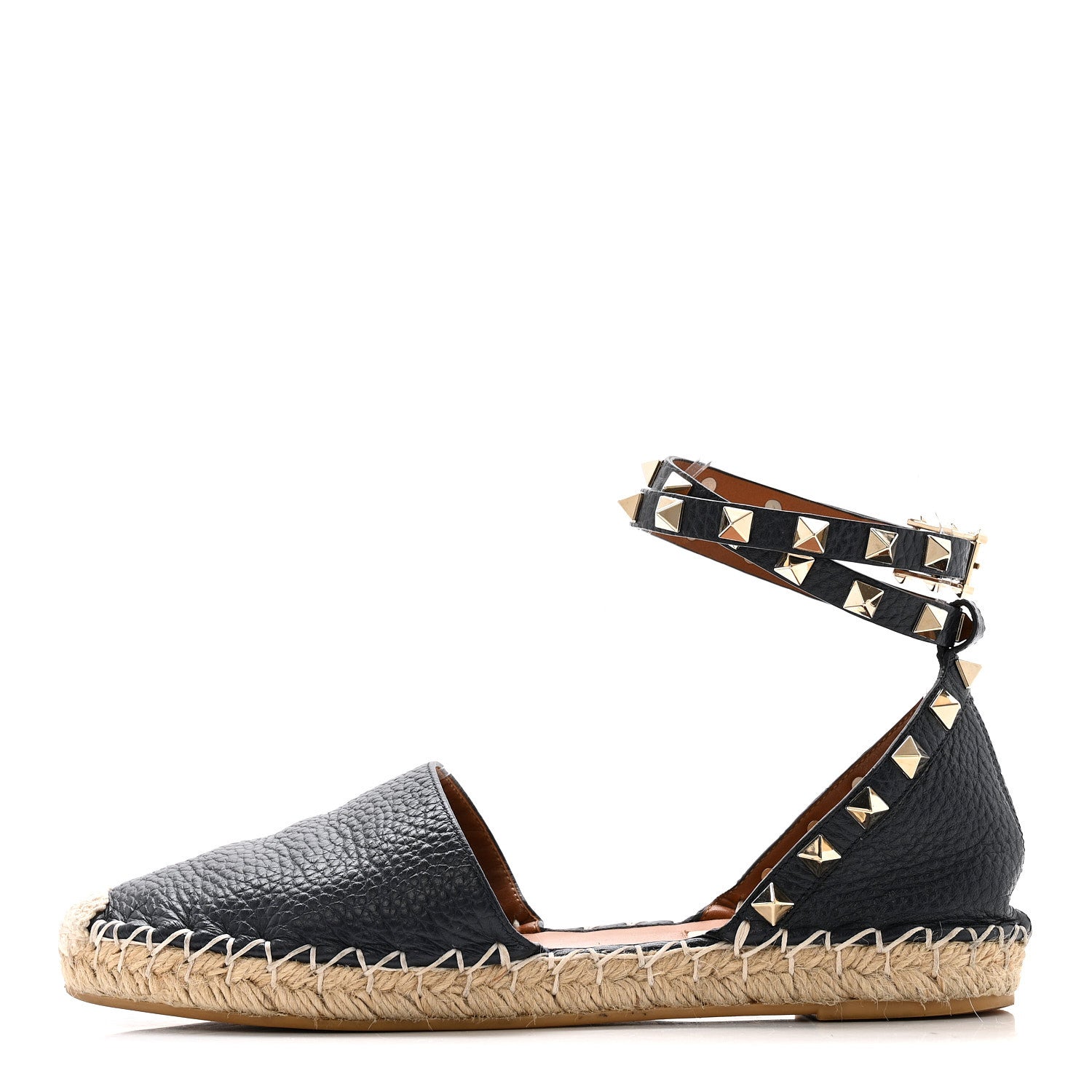 GRAINED CALFSKIN ROCKSTUD ANKLE WRAP ESPADRILLE 20MM FLATS NAVY