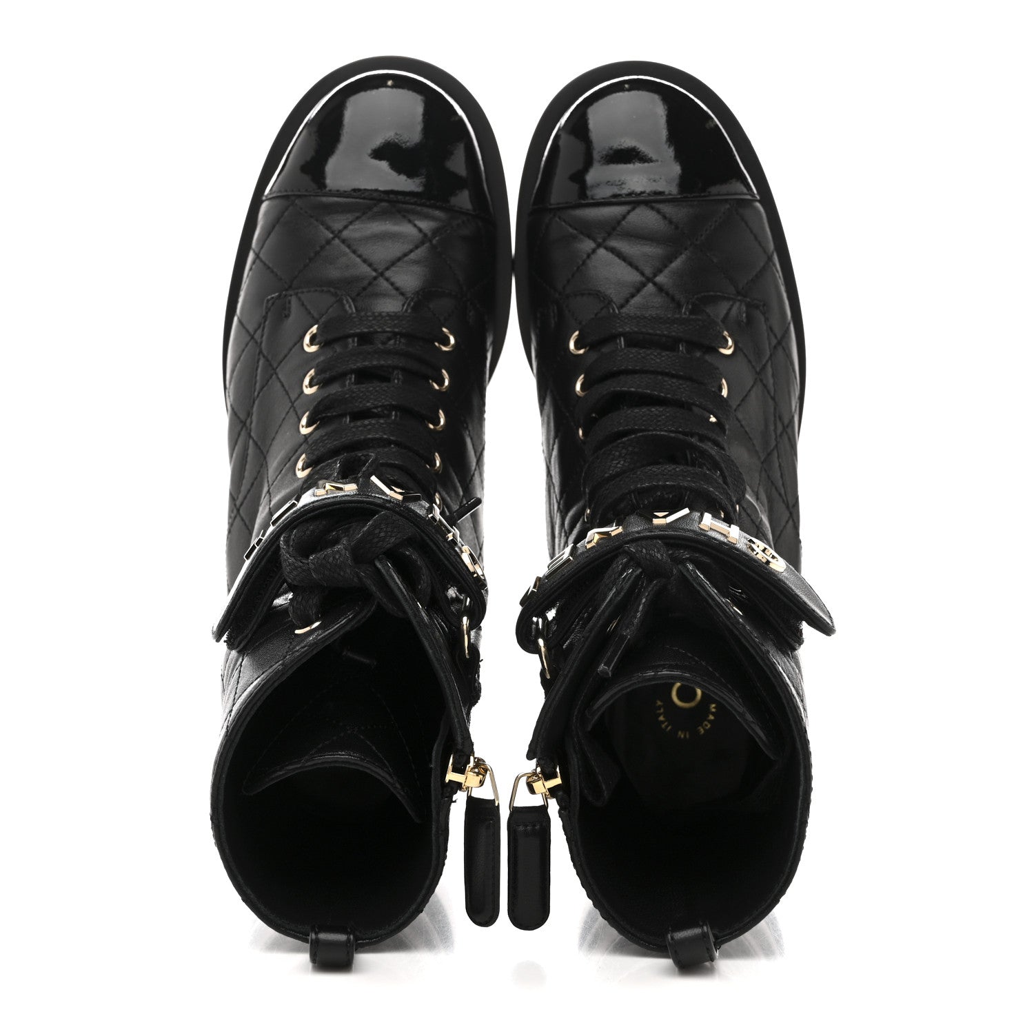 LAMBSKIN PATENT CALFSKIN QUILTED LOGO LACE UP COMBAT BOOTS BLACK
