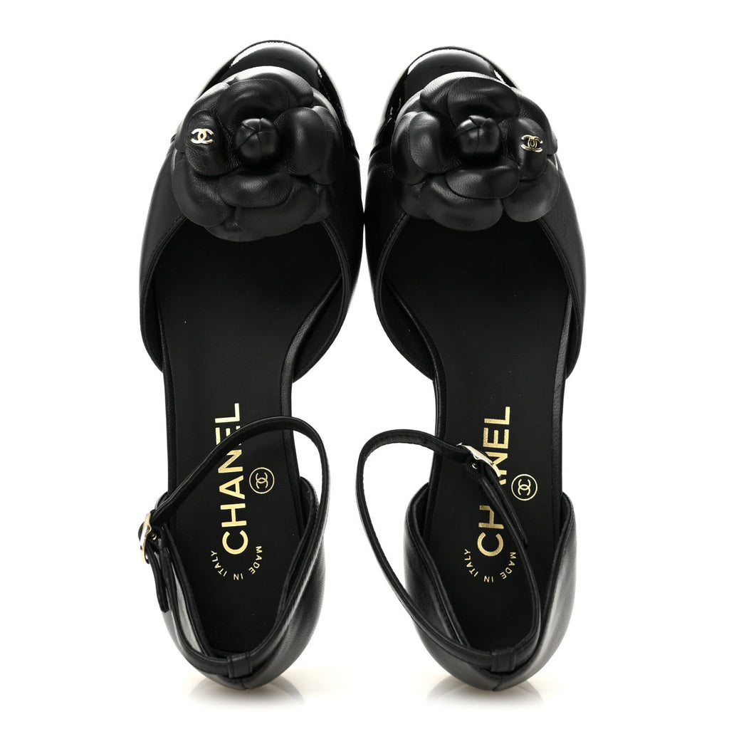 LAMBSKIN PATENT CALFSKIN CAP TOE CAMELLIA MARY JANE FLATS BLACK