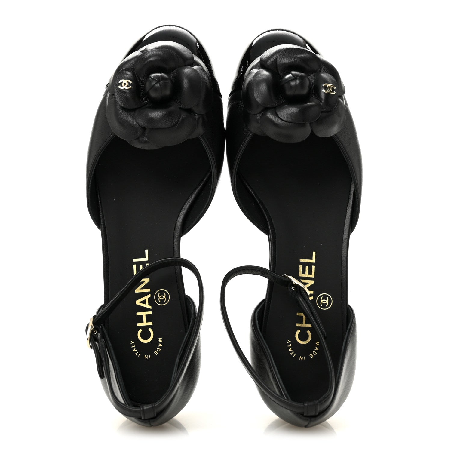 LAMBSKIN PATENT CALFSKIN CAP TOE CAMELLIA MARY JANE FLATS BLACK
