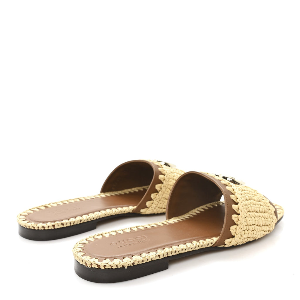 RAFFIA INTERLOCKING G FLAT SLIDE SANDALS BRIGHT NATURAL SUNDIAL