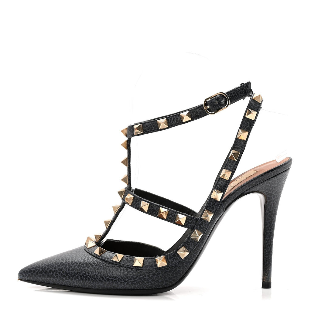 PEBBLED CALFSKIN ROCKSTUD ANKLE STRAP 100MM PUMPS DEEP DENIM