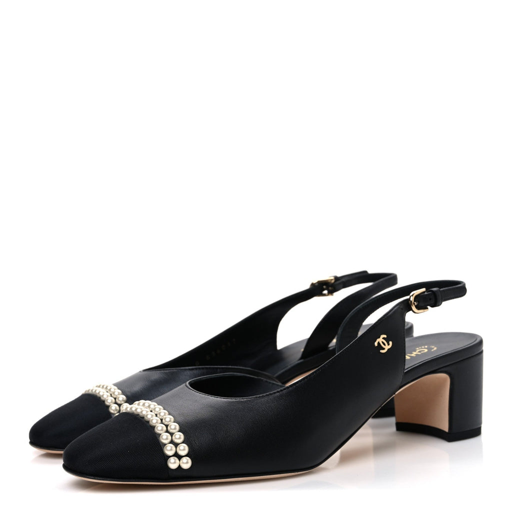 LAMBSKIN GROSGRAIN PEARL CAP TOE CC SLINGBACK PUMPS BLACK