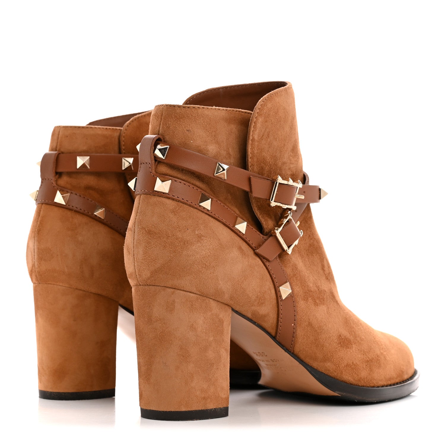 SUEDE ROCKSTUD DOUBLE BUCKLE 100MM BLOCK HEEL ANKLE BOOTS BROWN