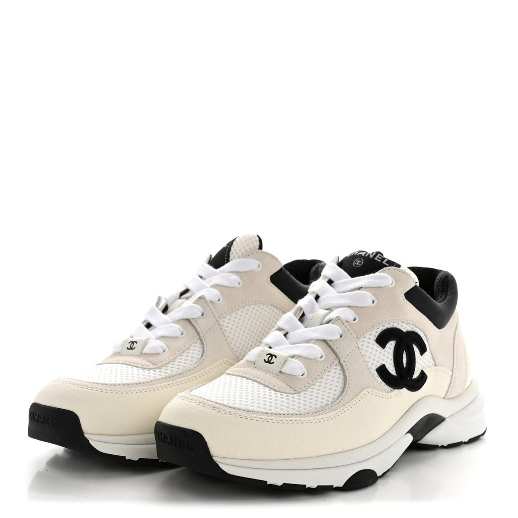 MESH SUEDE GRAINED CALFSKIN WOMENS CC SNEAKERS WHITE BLACK